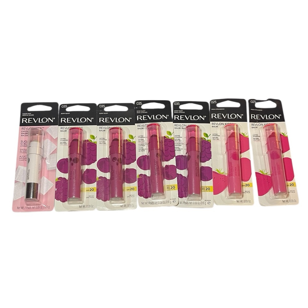 Lot Of 7 Revlon Kiss Balm Berry Burst, Fresh Strawberry, Sugar Mint 0.09oz